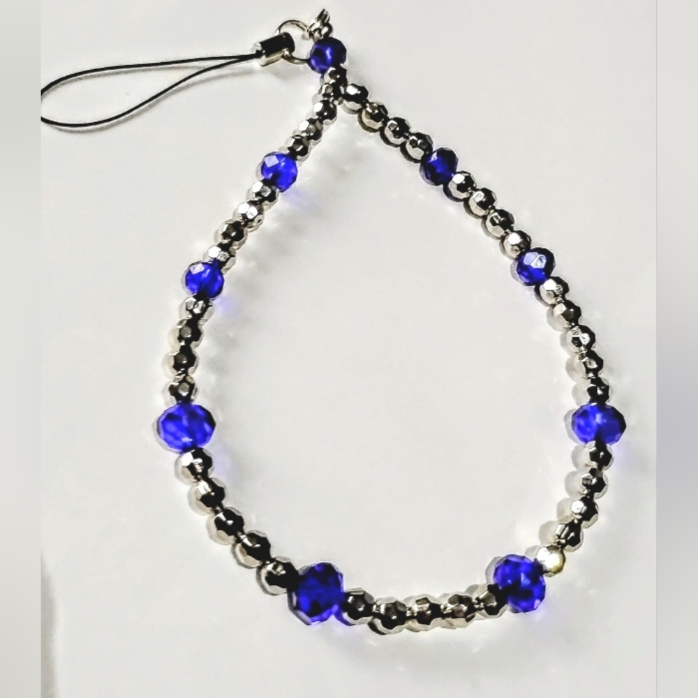 Elegant Royal Blue and Silver Beaded Mobile Phone Holder Strand